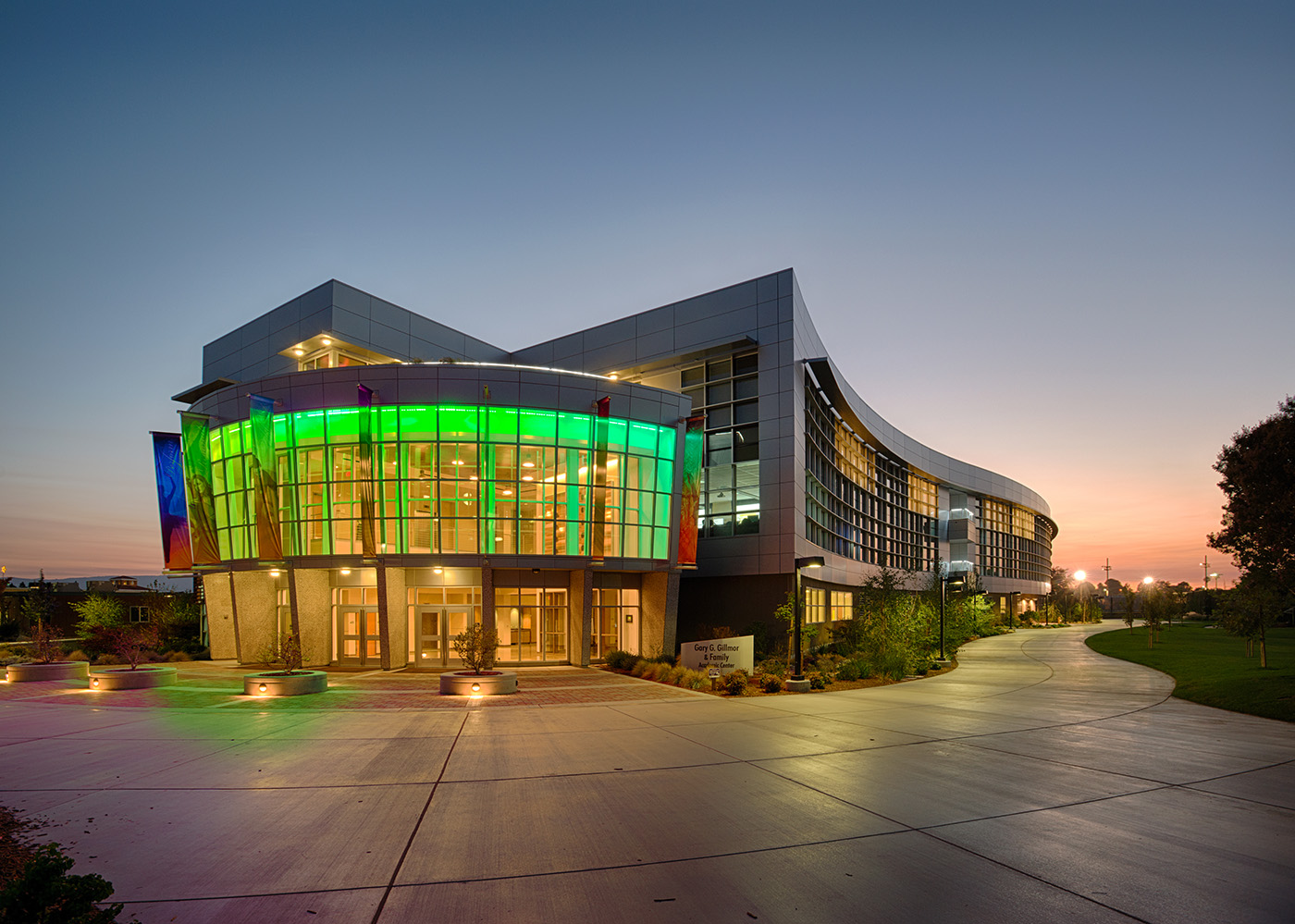 Mission College Gillmor Center at dusk