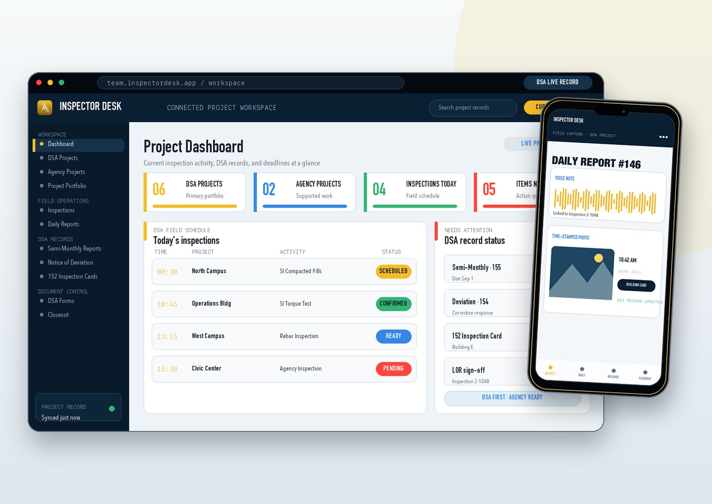 Inspector Desk app illustration showing a desktop project dashboard and mobile daily report